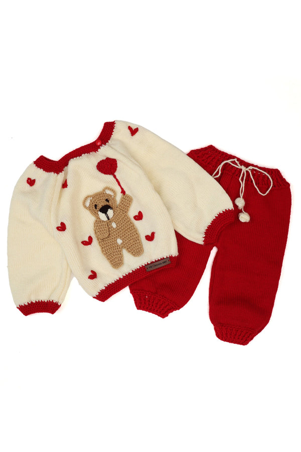 Teddy’s Balloon Sweater Set – Cream & Red